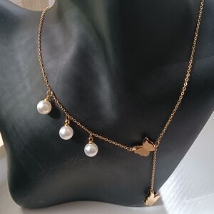 Gold Stainless Pearl Dangle Butterfly Necklace - Women Jewelry